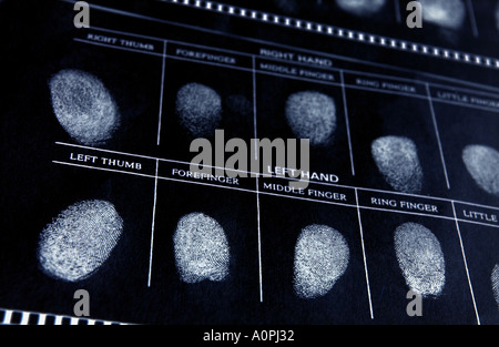 eine Negative einer Polizei-Datei mit Fingerabdrücken Stockfoto