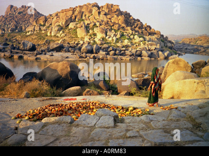 Wunderschöne, atemberaubende exotische Schönheit ländlichen grundlegenden Tradition Frau Wasserlauf Kokosnußoberteil Hampi Karnataka Indien in Südasien Stockfoto