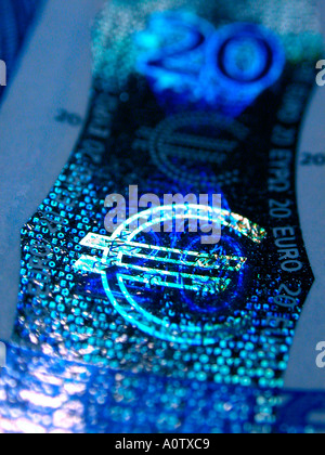 Hologramm auf 20 Euro leichte Detail hologrammfreie Auf 20 Euroschein Detail Stockfoto