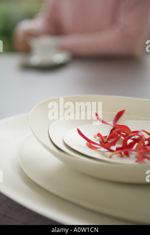 Nahaufnahme von Blumen in einem Teller mit einer Person, die im Hintergrund sitzt Stockfoto