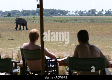 Tubu Tree Lodge Spiel Tier Anzeigen von der Swimmming Pool zwei Männer männliche lounging entspannen Stockfoto