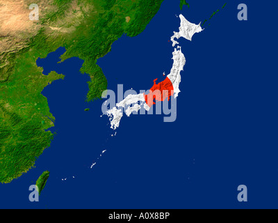 Satelliten-Bild von Japan abgedeckt durch die Landesflagge Stockfoto