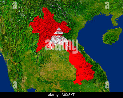 Satelliten-Bild von Laos abgedeckt durch die Landesflagge Stockfoto