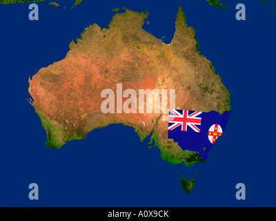 Markierten Satelliten-Bild von New South Wales, Australien abgedeckt durch die Region Flagge Stockfoto