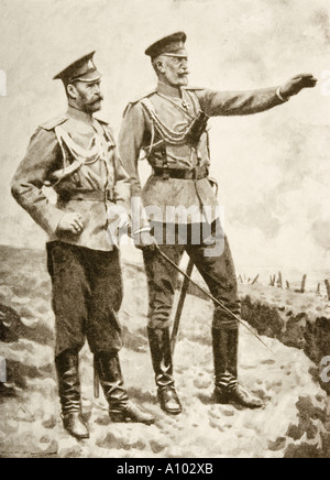 Grand Duke Nicholas (Zeigend) und die Zaren an der Front während des Ersten Weltkrieges. Stockfoto