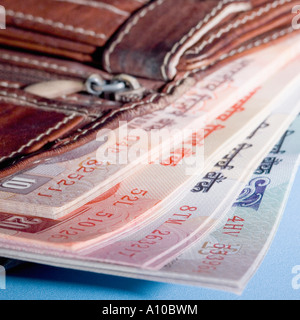 Nahaufnahme der indische Banknoten in der Brieftasche Stockfoto