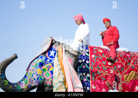 Niedrigen Winkel Blick auf ein junger Mann und ein senior Mann Reiten ein Elefant, Elephant Festival, Jaipur, Rajasthan, Indien Stockfoto