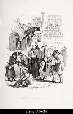 Nicholas beginnt für Yorkshire. Abbildung aus dem Charles Dickens Roman Nicholas Nickleby von H K Browne bekannt als Phiz Stockfoto