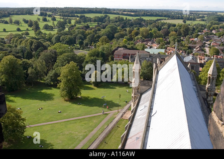 Blick auf Verulamium Park von St Albans Abbey normannischen Turm - Hertfordshire Stockfoto