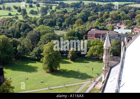 Blick auf Verulamium Park von St Albans Abbey normannischen Turm - Hertfordshire Stockfoto