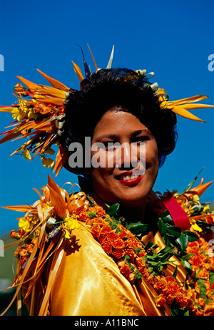 1, 1, hawaiische Frau, erwachsene Frau, Augenkontakt, Vorderansicht, headshot, Porträt, Paniolo Parade, Aloha Festivals, Waimea, Hawaii Insel, Hawaii Stockfoto