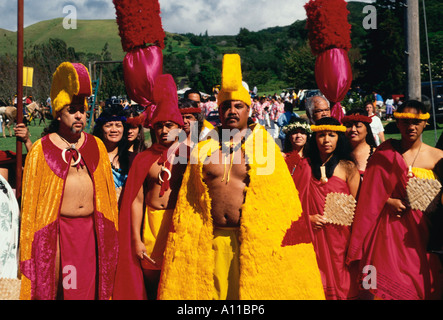 Hawaiianer Hawaiianische Menschen Männer und Frauen an Paniolo Parade während Aloha Festival in Waimea auf Hawaii Insel, Hawaii, United States Stockfoto