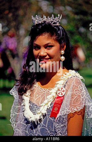 1, 1, hawaiische Frau, erwachsene Frau, halbe Länge, Porträt, Paniolo Parade, Aloha Festivals, Waimea, Hawaii Insel, Hawaii Stockfoto