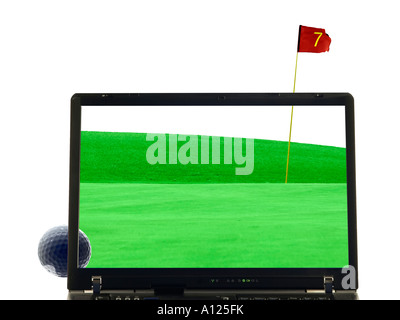 Golf-Illustration mit Putting Green, Flagstaff, Golfball und Laptop isoliert Stockfoto