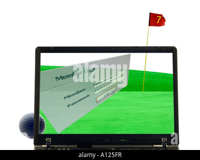 Golf-Illustration mit Putting Green, Flagstaff, Golfball und Laptop isoliert Stockfoto