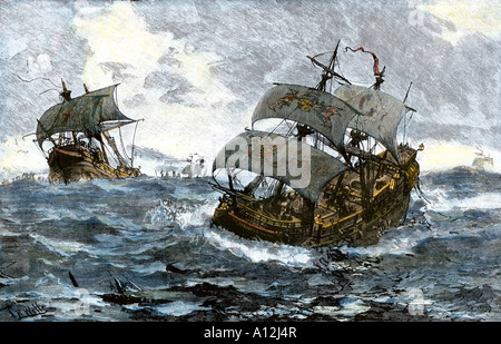 Rückzug der Spanischen Armada aus England bei stürmischer See 1588. Hand - farbige Holzschnitt Stockfoto