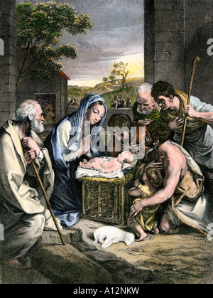 Hirten Anbetung Baby Jesus in einer Krippe in Bethlehem. Handcolorierte halftone einer Abbildung Stockfoto