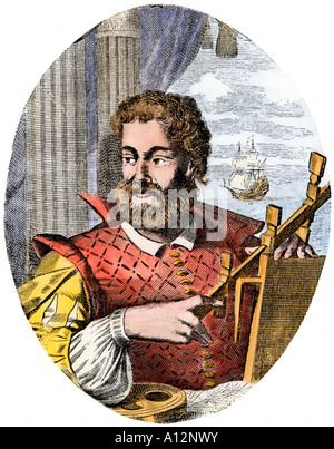 Christopher Columbus portrait. Hand - farbige Holzschnitt Stockfoto