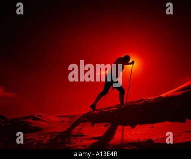 Langlauf ist Skifahrer gegen die Bronze untergehende Sonne an einem winterlichen Nachmittag Silhouette. Stockfoto