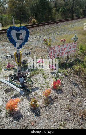 Am Straßenrand Denkmal für eine junge Frau getötet von einem betrunkenen Autofahrer, der lief ein Stop-Schild Stockfoto