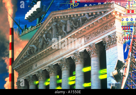 Montage der New Yorker Börse Kommunikation Turm Platine Schornstein mit Rauch und Container auf einem Frachtschiff Stockfoto
