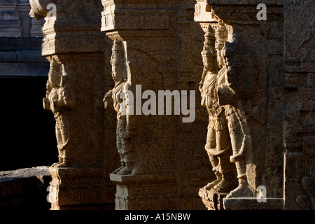 Hindu-Göttin Gottheiten geschnitzt in Steinsäulen in einem Virabhadra Tempel in Lepakshi, Andhra Pradesh, Indien Stockfoto