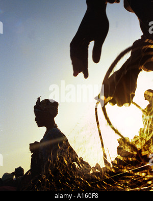 Lokalen mauretanischen und senegalesischen Fischer bringen in der Tage der Ernte in der Nähe der Hauptstadt Nouakchott in Mauretanien. West-Afrika Stockfoto