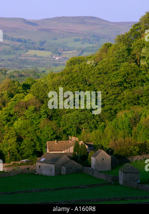 Blick auf das Tal der Hoffnung vom Winnats-Pass mit landwirtschaftlichen Gebäuden in der Nähe von Castleton im Peak District Derbyshire England UK Stockfoto