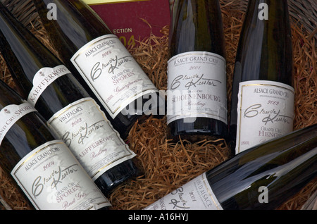 Flaschen Wein auf dem Display in der Stadt von Kayserberg Alsace Stockfoto