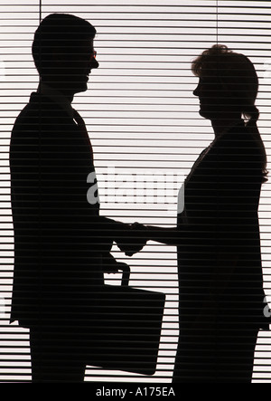 Silhouette der Geschäftsmann und Geschäftsfrau, die Hände schütteln Stockfoto
