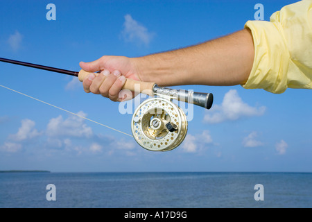 Mans Hand mit Salzwasser Fliegenrute und Rolle in Key West, Florida Stockfoto