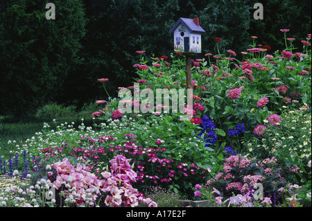 Einzigartige handbemalte birdbox als malerisches kleines Haus in einem blühenden Garten in Pastelltönen mit passenden Rosa Blau steht, und weiße Blumen, Missouri, USA Stockfoto
