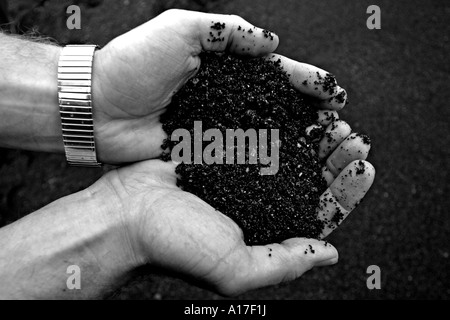 Eine Hand mit schwarzen Vulkanerde. Stockfoto