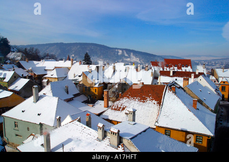 Eine Luftaufnahme des Singisoara, Rumänien. Stockfoto