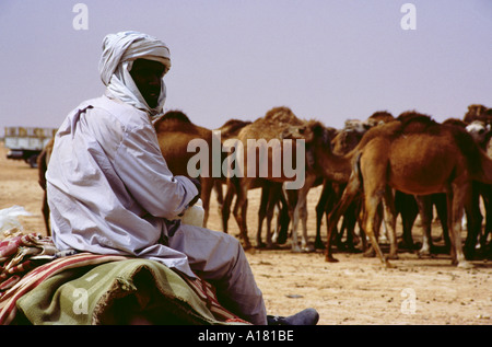 Libyen Wüste Beduinen Kamel Kamele Sahara Waterspring weißen Outfit native Mann in der Nähe von Ghat turban Stockfoto