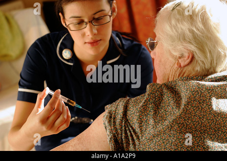 Bezirk Krankenschwester geben einer älteren Frau eine Grippeimpfung in ihrem Haus Stockfoto