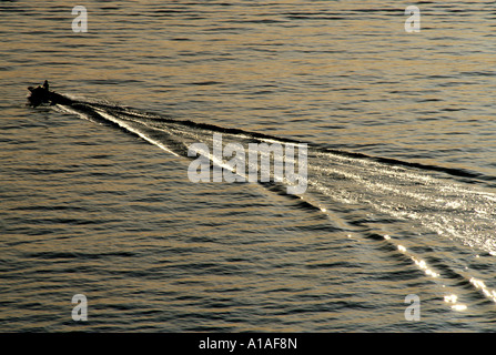 USA Alaska Nikiski Sport Fischerboot und Gefolge im Cook Inlet auf Kenai-Halbinsel bei Sonnenuntergang am Sommerabend Stockfoto