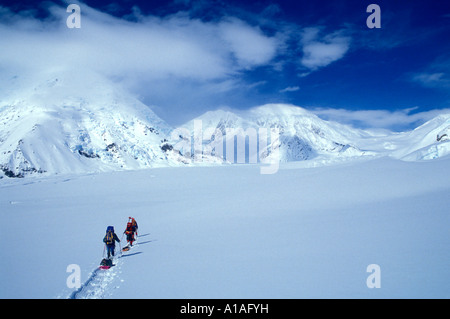USA Alaska Denali National Park Herr Kletterer gehen mit schweren Packungen Kahiltna Gletscher auf Mt McKinley West Buttress Stockfoto