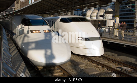 Zwei Shinkansen-Züge verschiedener Stile nebeneinander in Tokyo Station im Volksmund bekannt als Hochgeschwindigkeitszug JAPAN Stockfoto