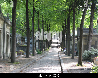 von Bäumen gesäumten Gasse am Friedhof Pere Lachaise Paris Frankreich Stockfoto