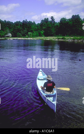 Mann in blau Kanu auf Sebago See in Maine Stockfoto