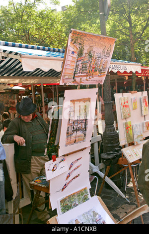 Place du Tertre, wo Künstler ihre Arbeit im Stadtteil Montmartre in Paris verkaufen, Frankreich Stockfoto
