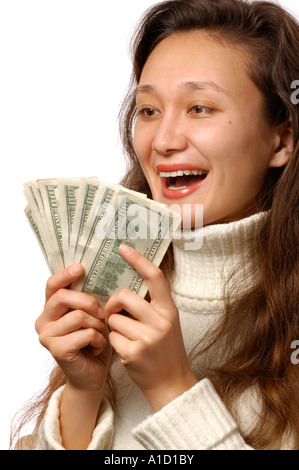 Glückliche Frau mit hundert-Dollar-Scheine Stockfoto