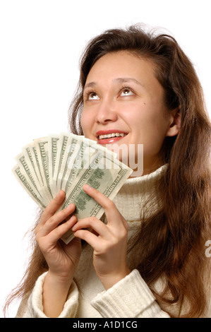 Glückliche Frau mit hundert-Dollar-Scheine Stockfoto