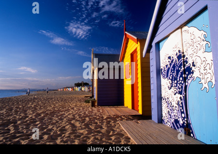 Die legendären bunten Strandhütten auf Brighton Beach, Melbourne Australien Stockfoto