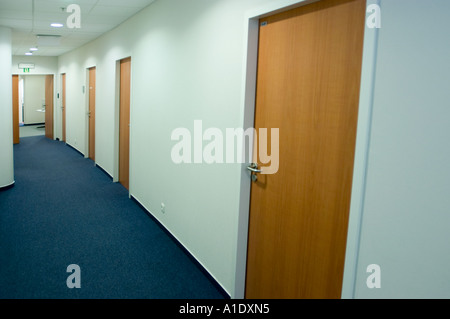 Leerer Büroflur mit vielen Türen, blauem Teppichboden und weißen Wänden in einem modernen professionellen Gebäude. Stockfoto