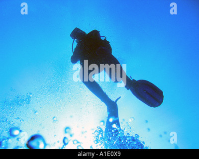 Taucher und Luftblasen im erschossen, während blau Tauchen Stockfoto