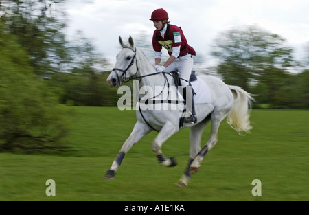 Junger Mann reitet eine graue Stute Pferd Langlauf im Vielseitigkeitsreiten Wettbewerb Vereinigtes Königreich Stockfoto