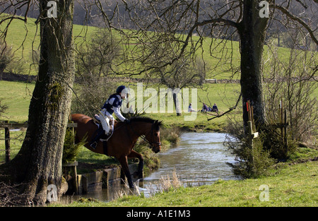 Junge Frau reitet ein Cleveland Bay kreuzen Thoroughbred Pferd im cross Country Eventing Konkurrenz Gloucestershire UK Stockfoto