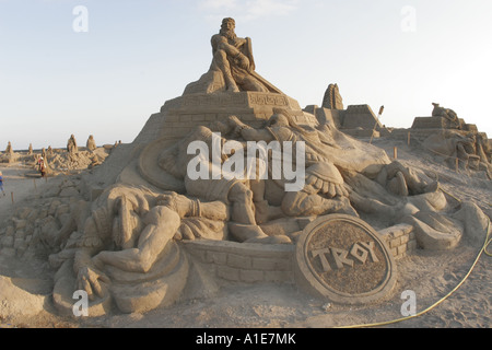 Trojanischen Krieg Sand Skulpturen auf dem Sand Stadtfest an Riviera, Lara Beach, Antalya, Türkei Stockfoto